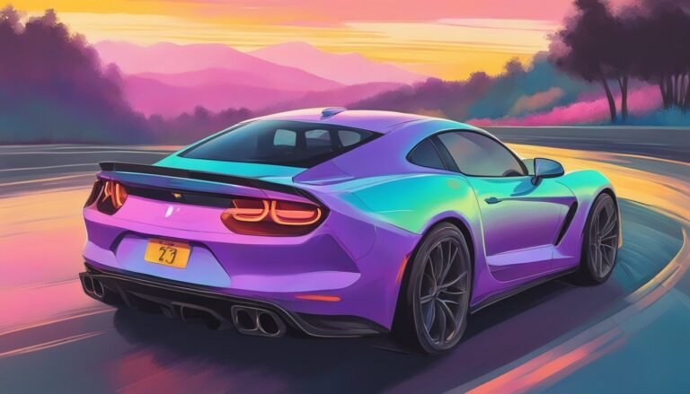 Purple and teal sports car driving on a winding road at sunset
