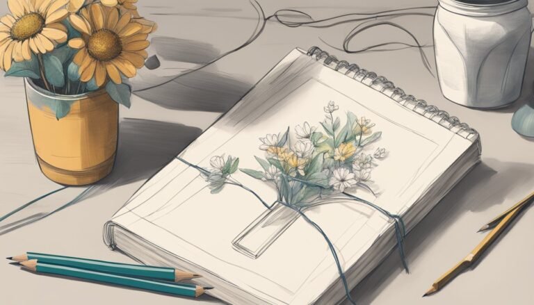Sketch of flowers, notebook, pencils, and a jar on a table