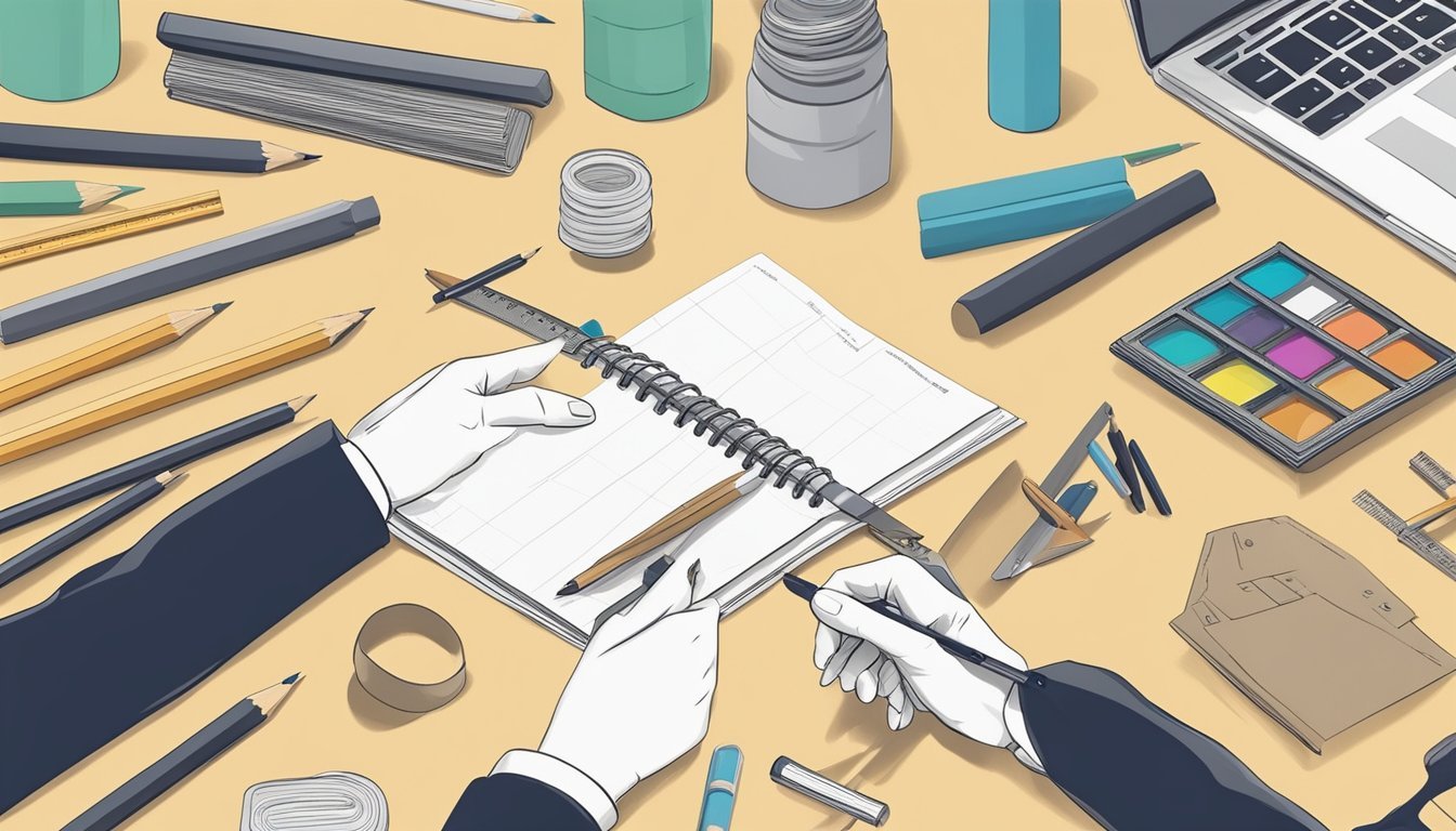 A hand holding a sturdy cardboard cover, surrounded by minimal art supplies like pencils and a ruler