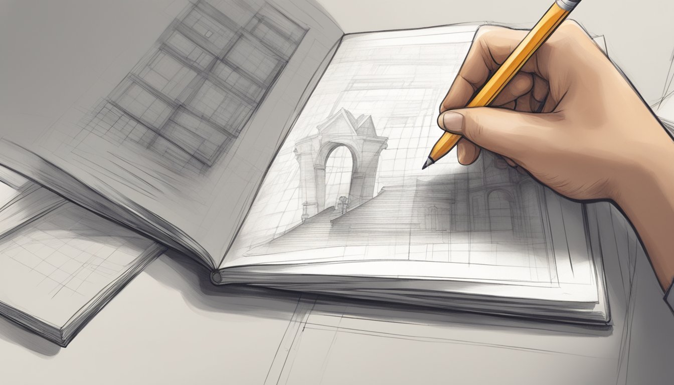 A hand holding a pencil sketches a simple sketchbook layout with tracing paper between pages
