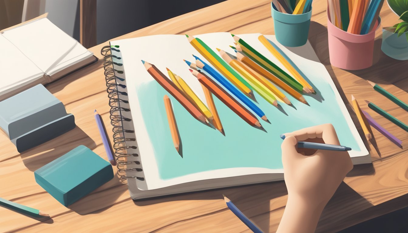 A hand holding colored pencils, sketchbook, and minimal supplies on a wooden table with natural light