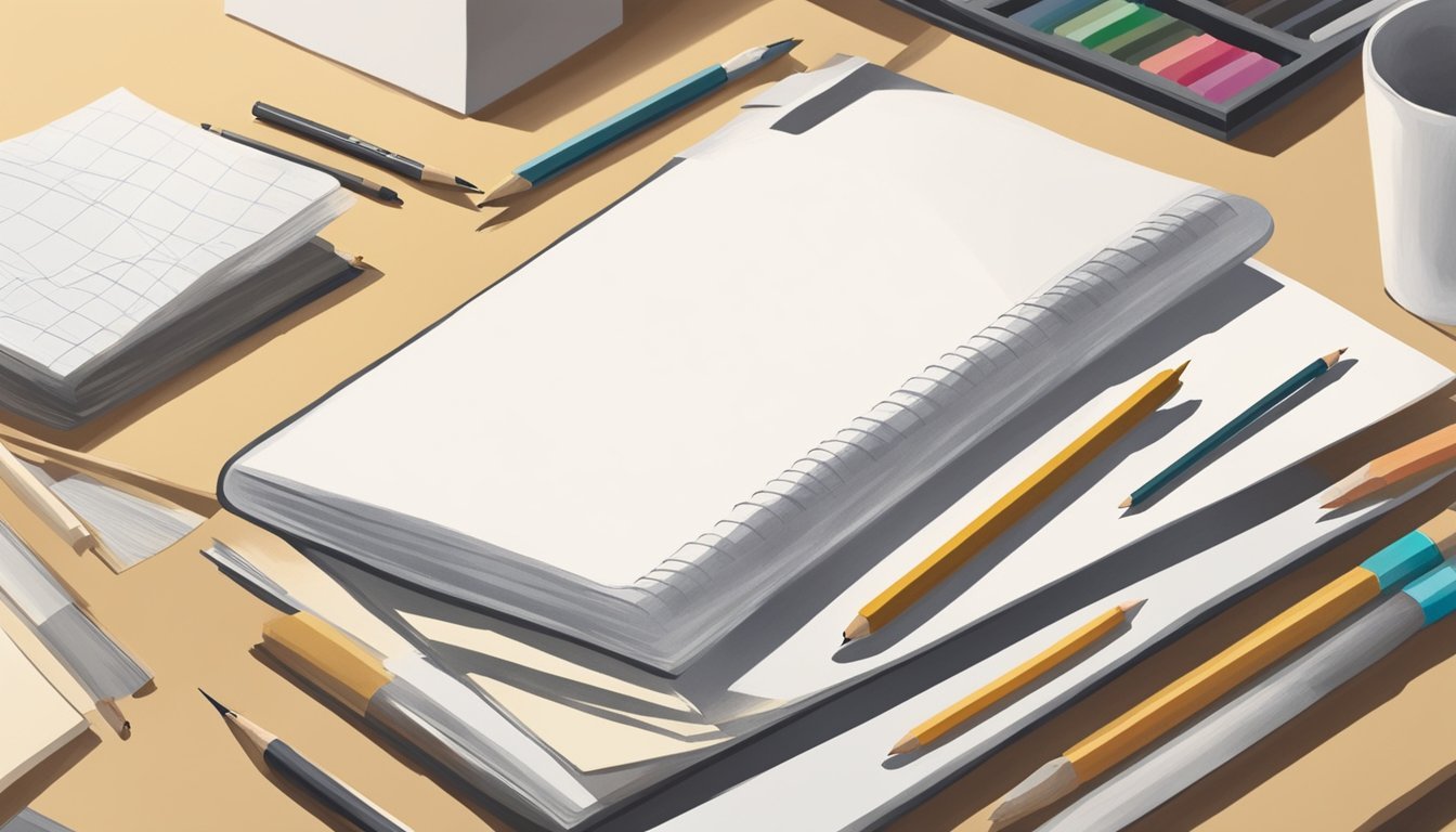 A sketchbook with a pocket and envelope, surrounded by minimal art supplies on a clean, well-lit table