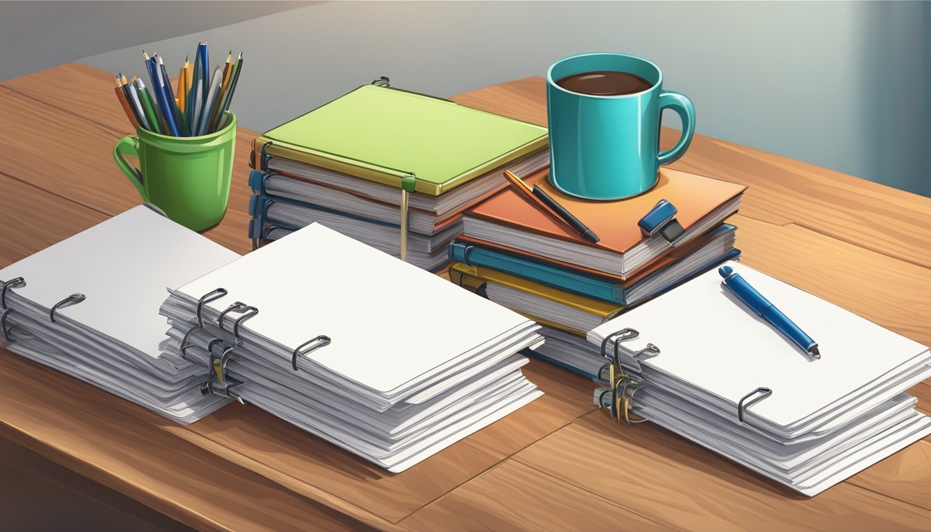 A stack of blank pages secured with binder clips on a wooden table