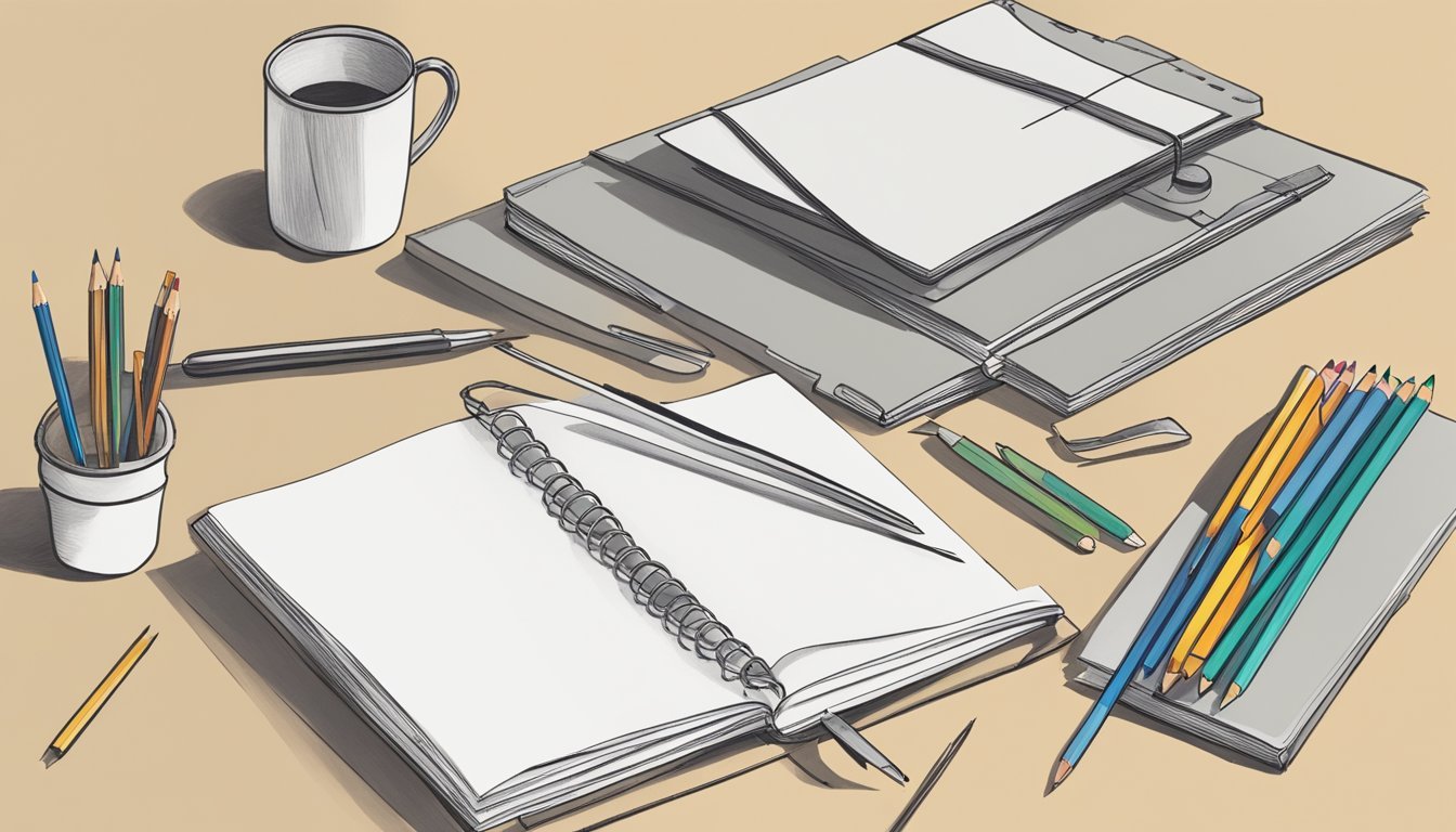 A cluttered desk with a stack of plain paper, a few pencils, and a pair of scissors.</p><p>A handmade sketchbook with a simple cover sits open, displaying blank pages