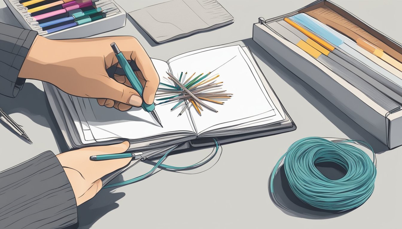A pair of hands holds a needle and thread, binding together a stack of paper to create a simple sketchbook.</p><p>A few basic art supplies sit nearby