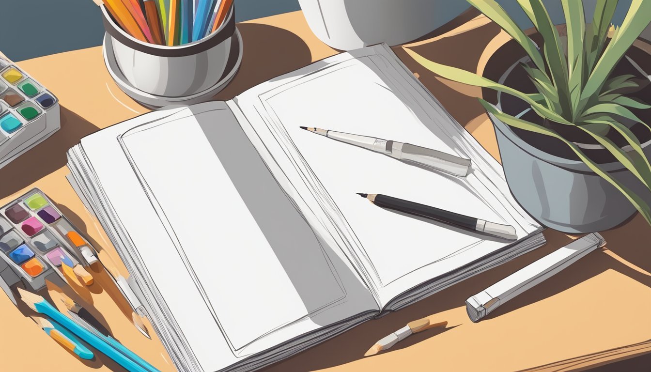 A hand holding a blank sketchbook, surrounded by various art supplies like pencils, markers, and paint brushes.</p><p>A table with a cup of coffee and a potted plant in the background