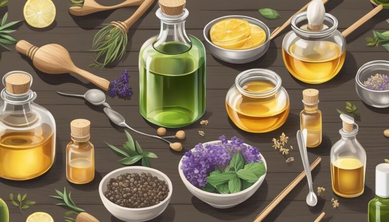 Bottles of oil, herbs, and lemons on a wooden table, top view
