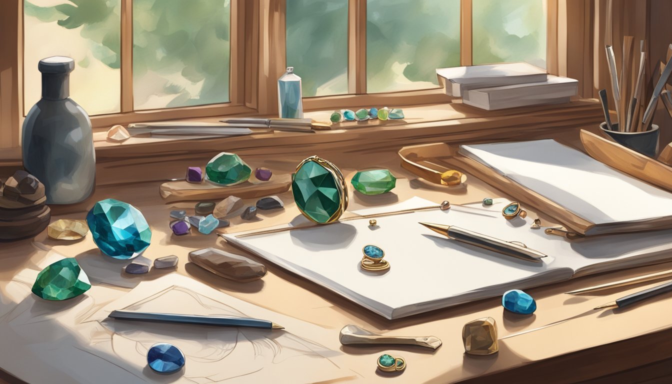 A jeweler's workbench with tools, gemstones, and sketches, bathed in warm natural light from a nearby window