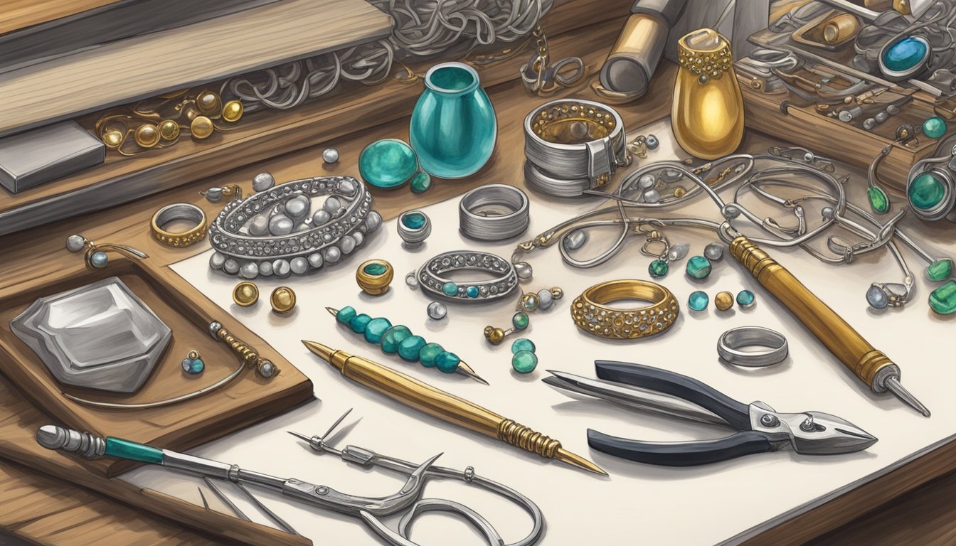 A jeweler's workbench with various tools, beads, and wire in mixed metal finishes.</p><p>A sketchbook with design ideas and a finished jewelry piece for inspiration