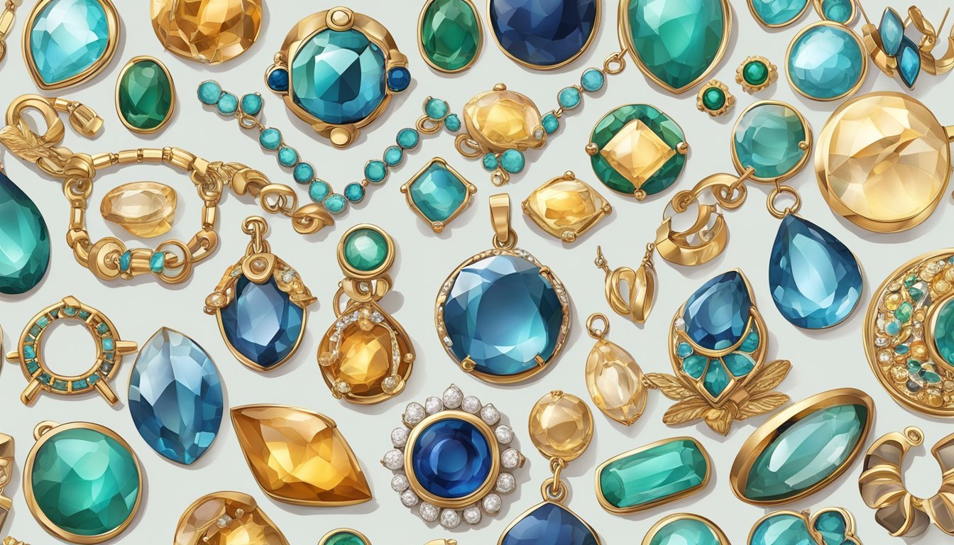 A collection of unique and elegant jewelry pieces arranged in a non-symmetrical pattern, showcasing a variety of shapes, textures, and colors
