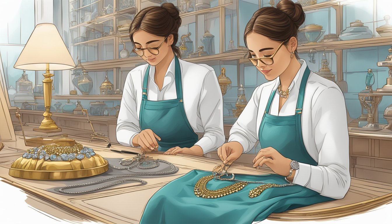A jeweler carefully applies enamel accents to a delicate necklace, using precision tools and a steady hand to create stunning designs