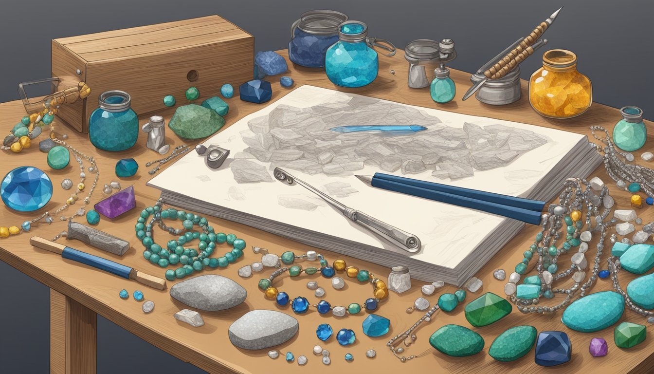 A workbench with various textured materials like beads, chains, and gemstones scattered around, alongside tools and design sketches