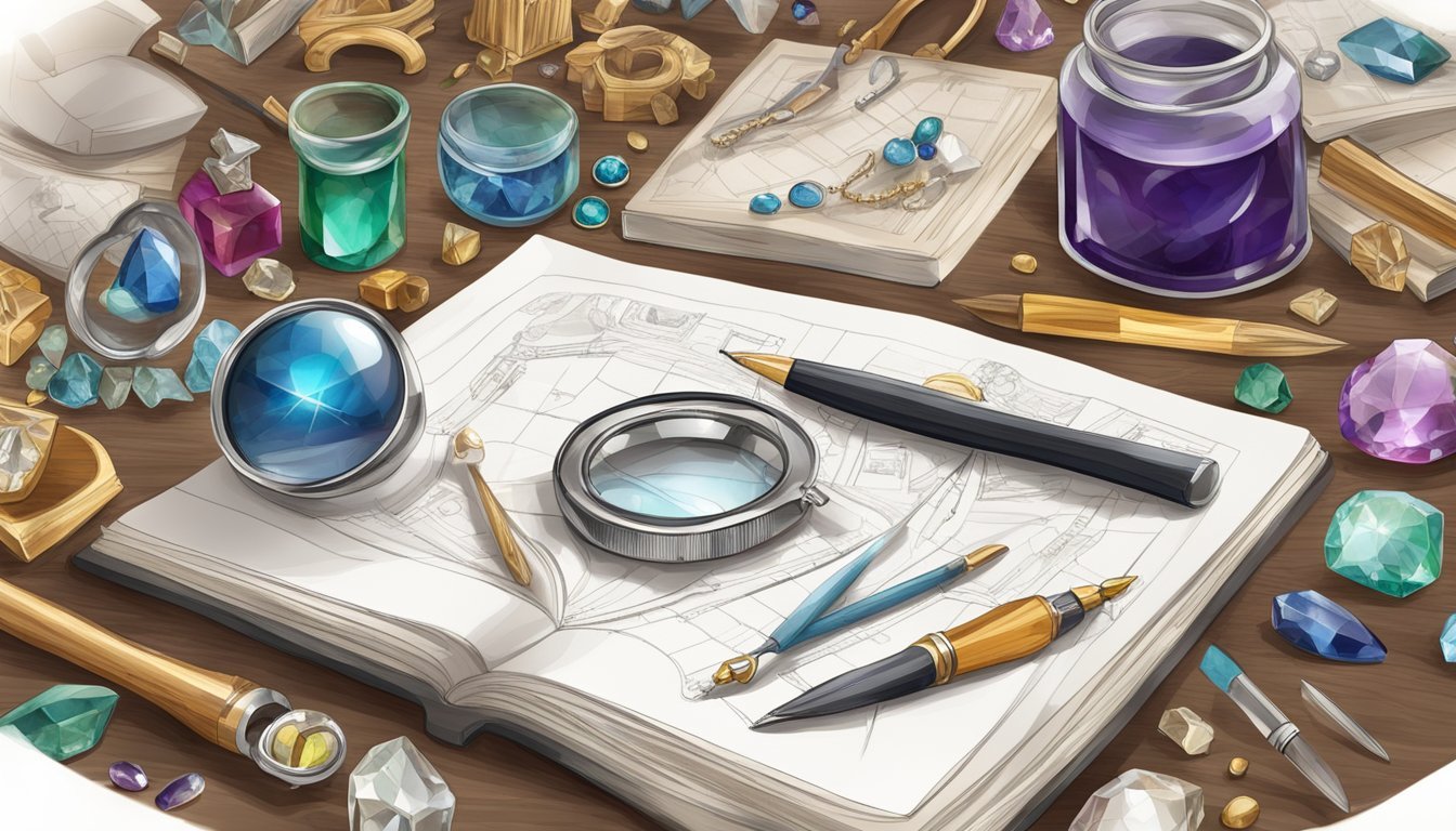 A jeweler's workbench with tools, gemstones, and sketches.</p><p>A magnifying glass and a notebook with meaningful symbols and design ideas