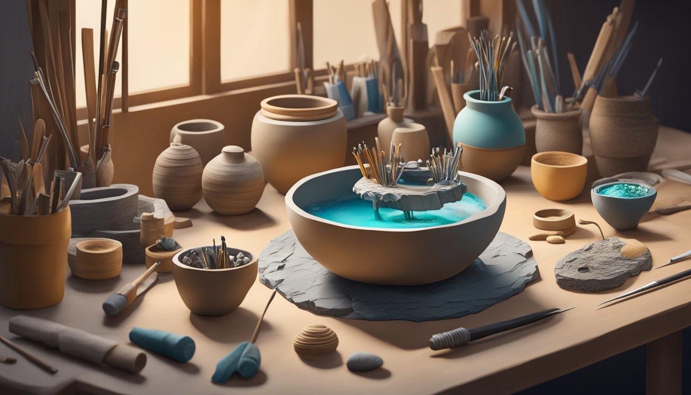 A table with various tools and air-dry clay.</p><p>A handcrafted bowl, sculpture, and jewelry are displayed.</p><p>The artist works on a new project