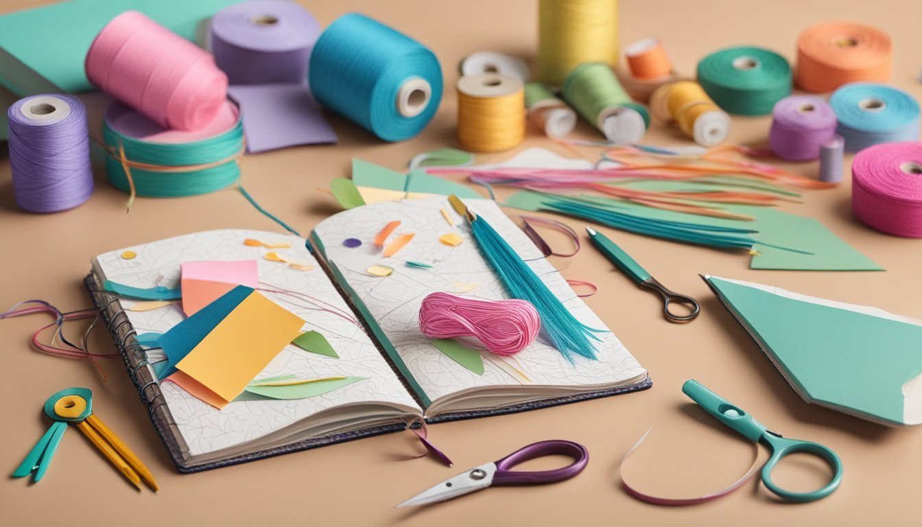 A table with colorful paper, scissors, needles, and thread. A handmade journal lies open, showcasing intricate stitching and decorative paper crafting