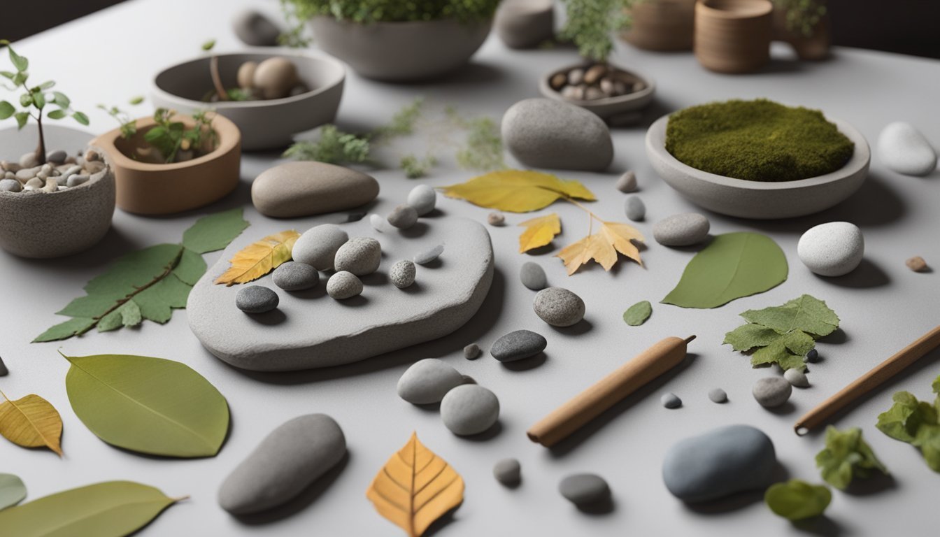 A table scattered with twigs, leaves, and stones, alongside air-dry clay sculptures in various stages of completion