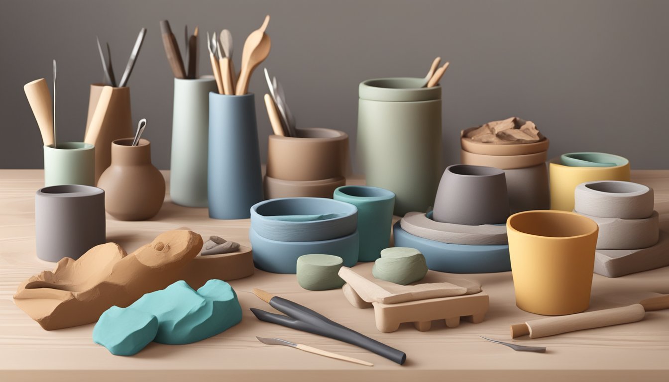 A table with various types of air-dry clay, sculpting tools, and finished clay crafts