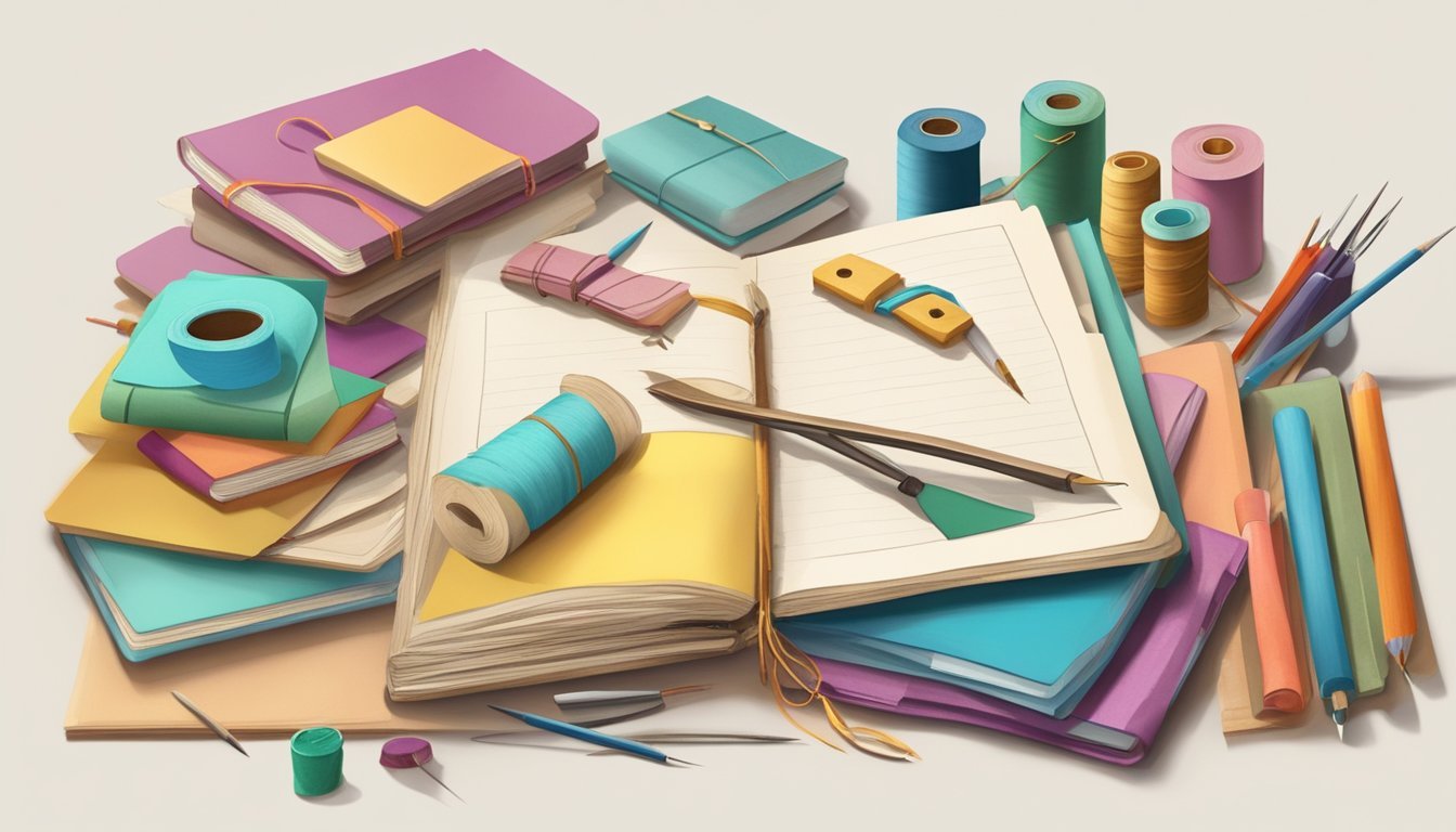 A table with various crafting materials, including colorful paper, needles, and thread, surrounded by handmade journals with decorative pocket pages