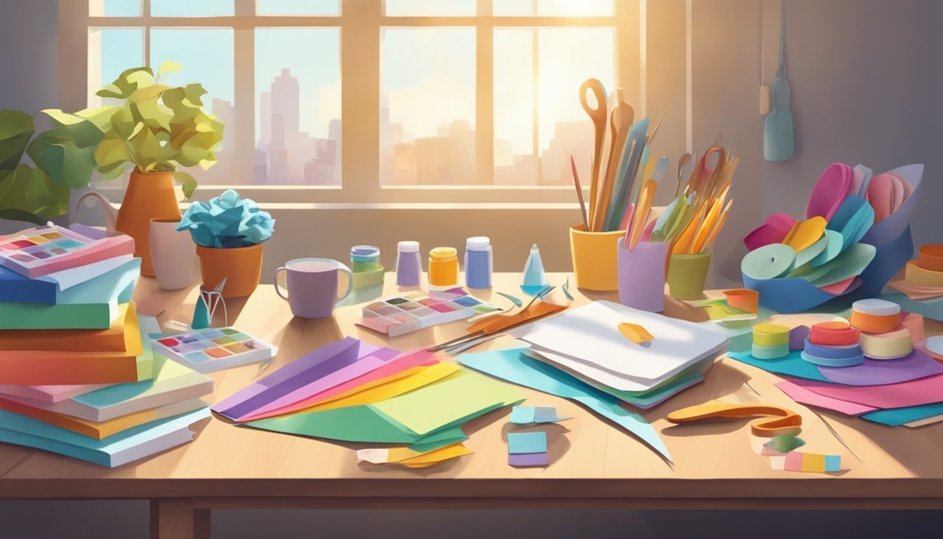 Craft supplies on a desk by a window, with a city view