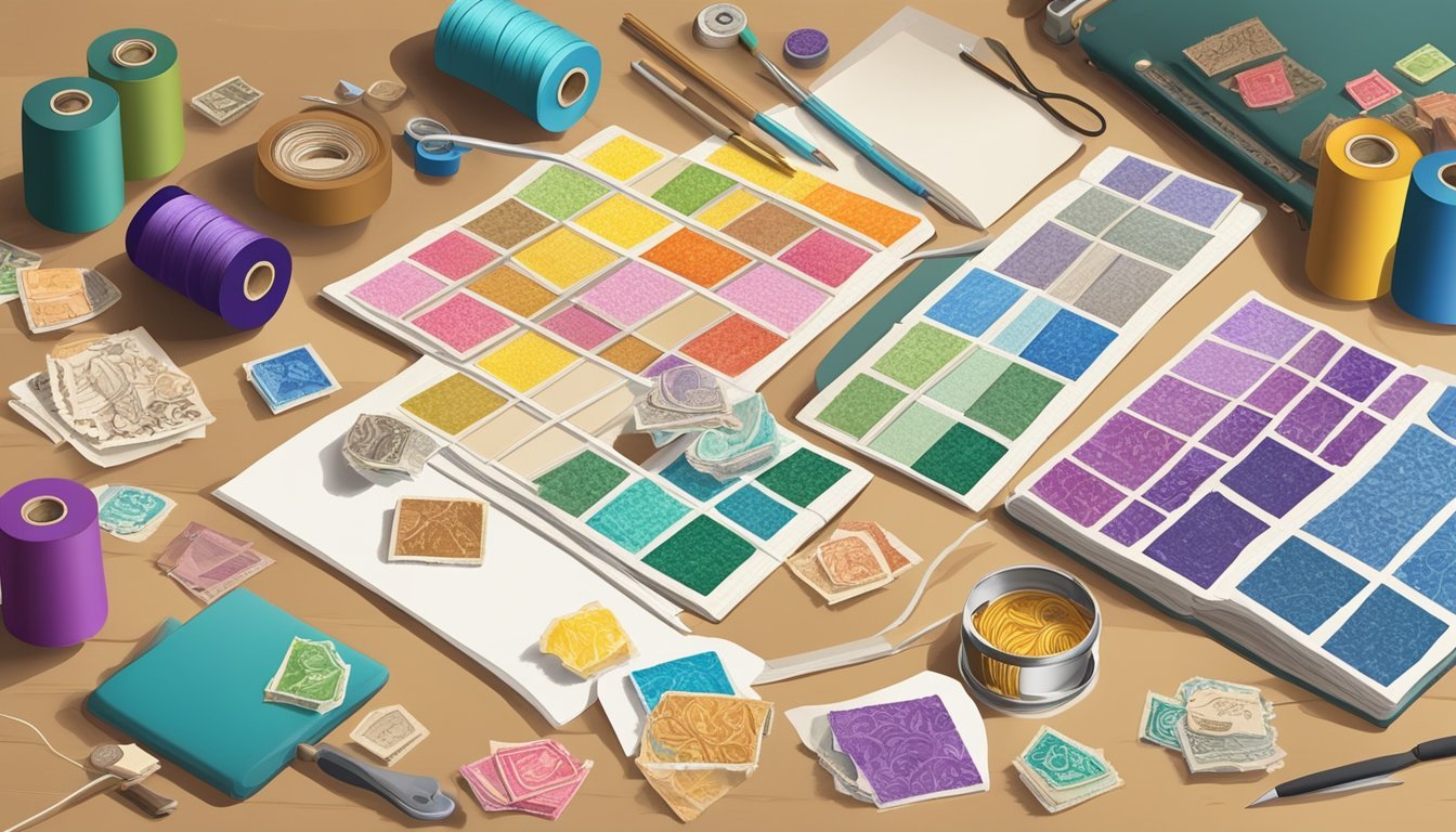 A table scattered with colorful stamps, paper, and sewing supplies for making handmade journals