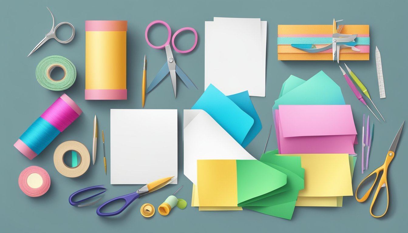 A table with various paper crafting supplies, including scissors, glue, and colorful paper, alongside a sewing kit with needles and thread