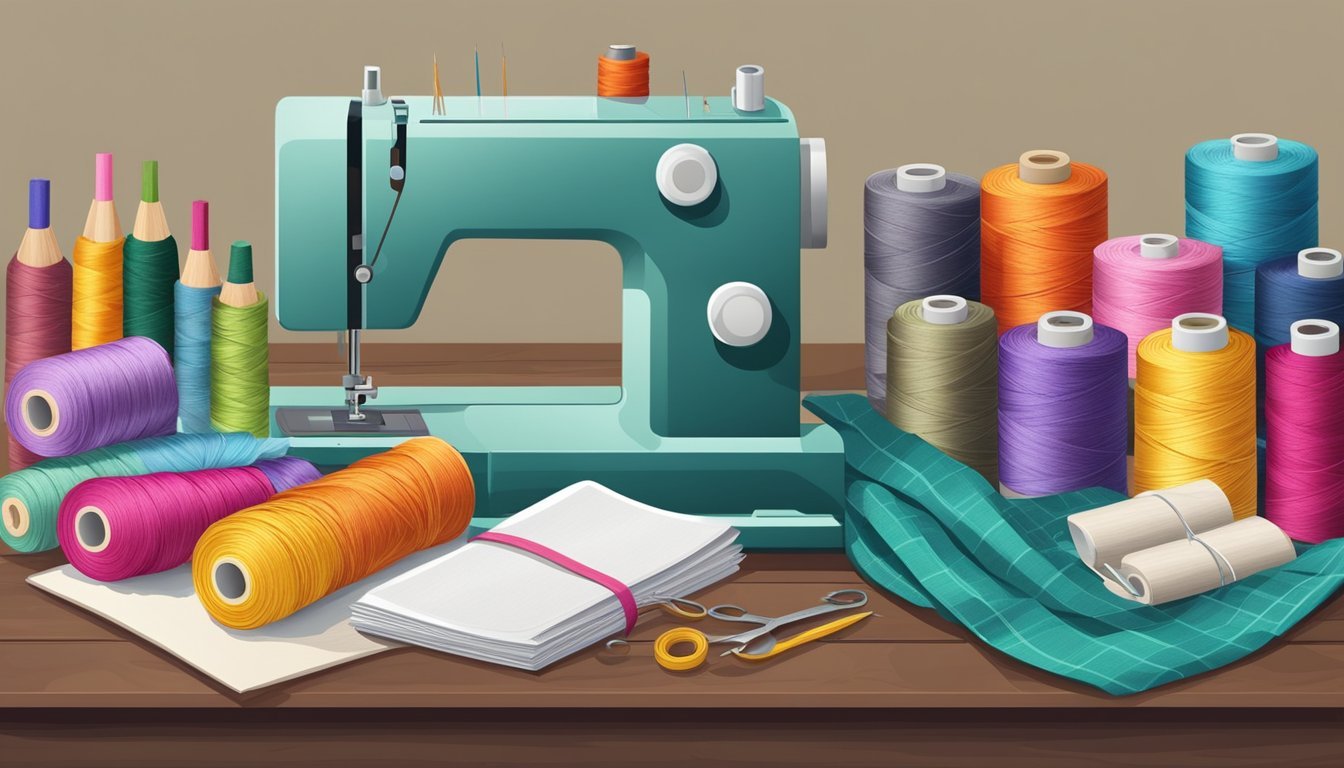 A table with a sewing machine, colorful threads, needles, scissors, and paper stacks for crafting handmade journals