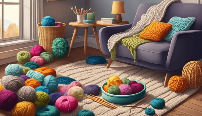 Cozy room with yarn balls, knitting needles, and a comfortable armchair