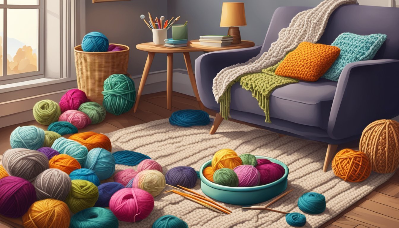 Cozy room with yarn balls, knitting needles, and a comfortable armchair
