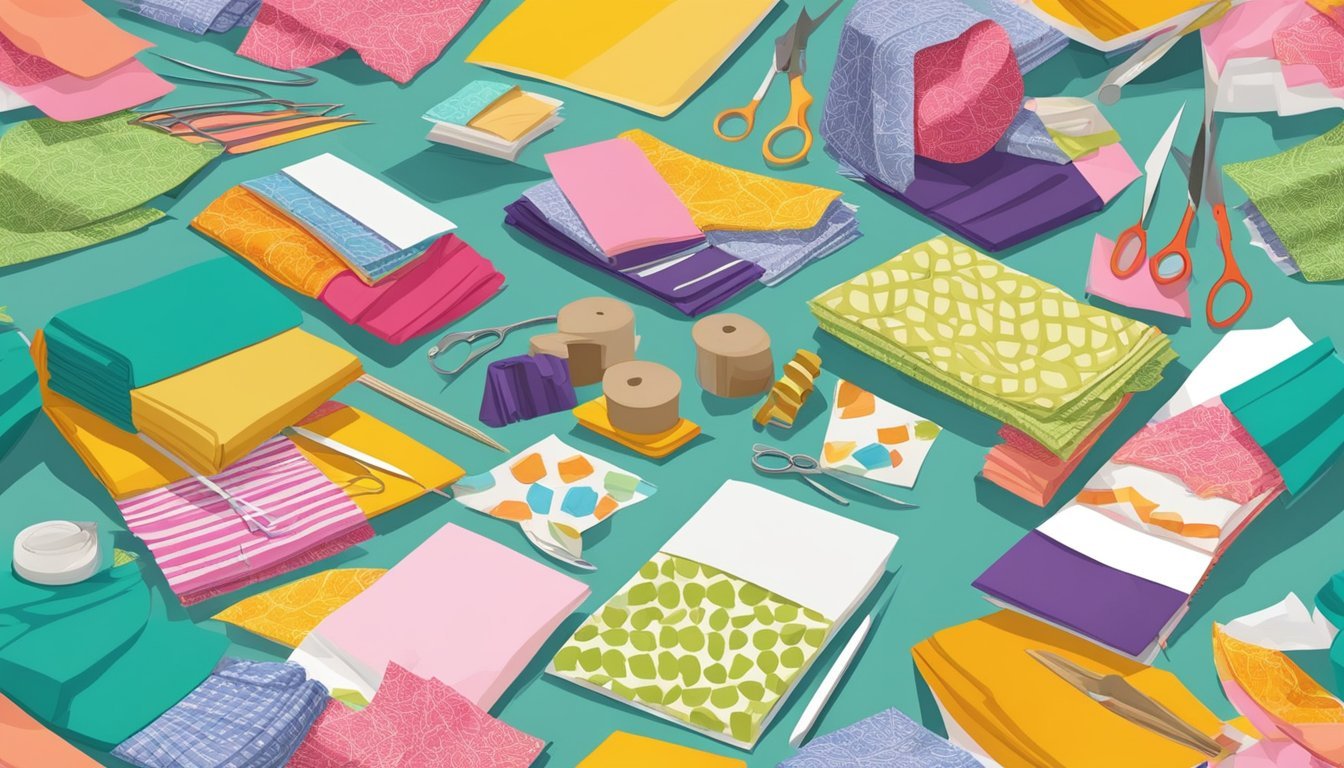 A table covered in colorful fabric prints, surrounded by scissors, glue, and paper, ready for crafting