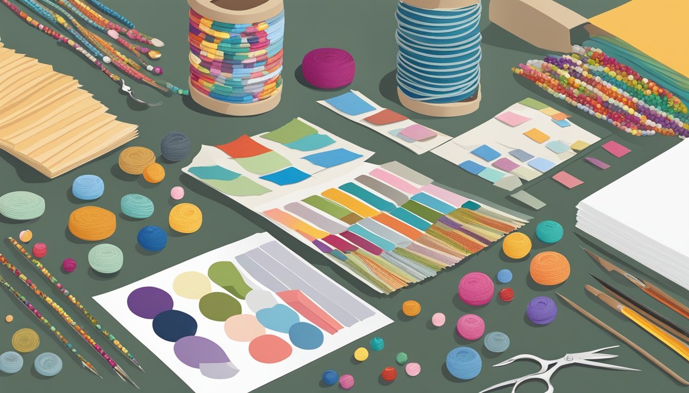 A table scattered with paper beads and fabric swatches, with scissors and glue nearby