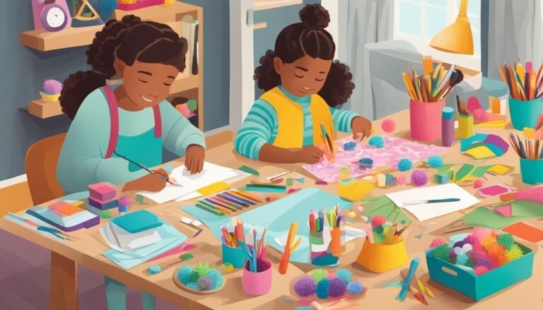 Two girls crafting at a table with art supplies and pom-poms
