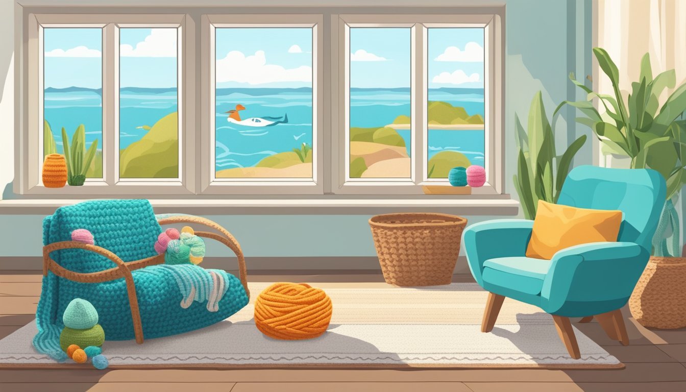 A cozy living room with a bright window, a comfortable armchair, and a basket of colorful yarn.</p><p>A crochet hook and a pattern book for making amigurumi whales are on the table