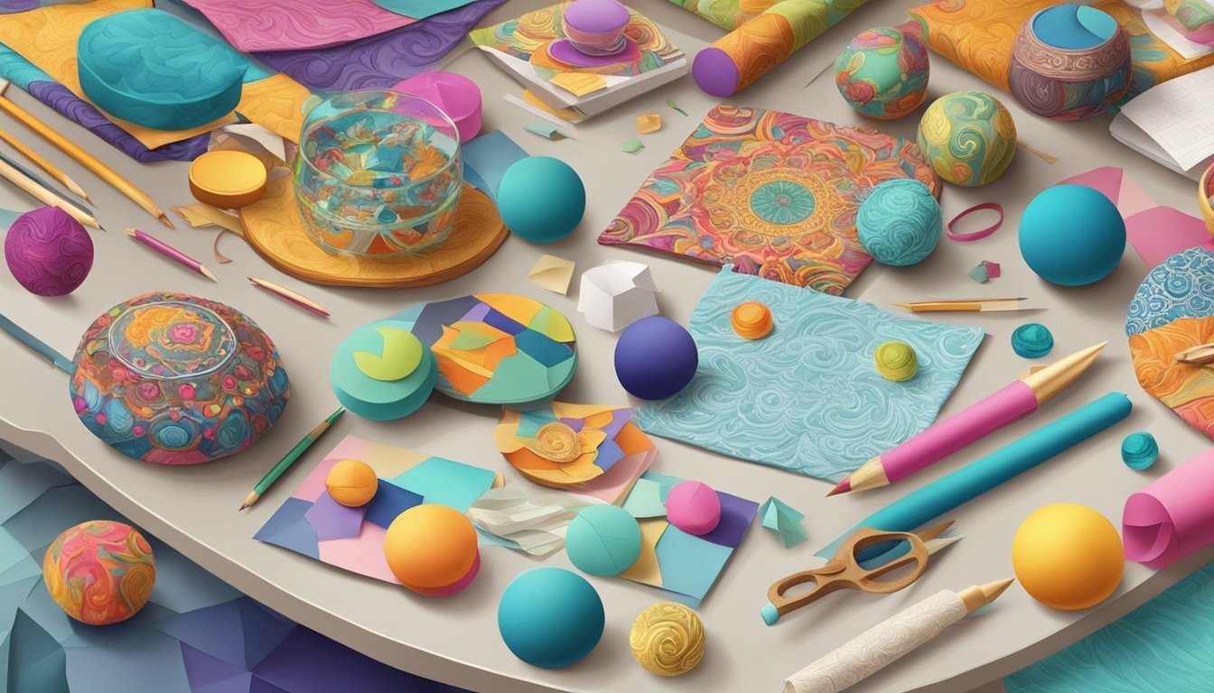 A table with colorful paperweights made of fabric, adorned with intricate patterns and designs, surrounded by various paper crafting materials