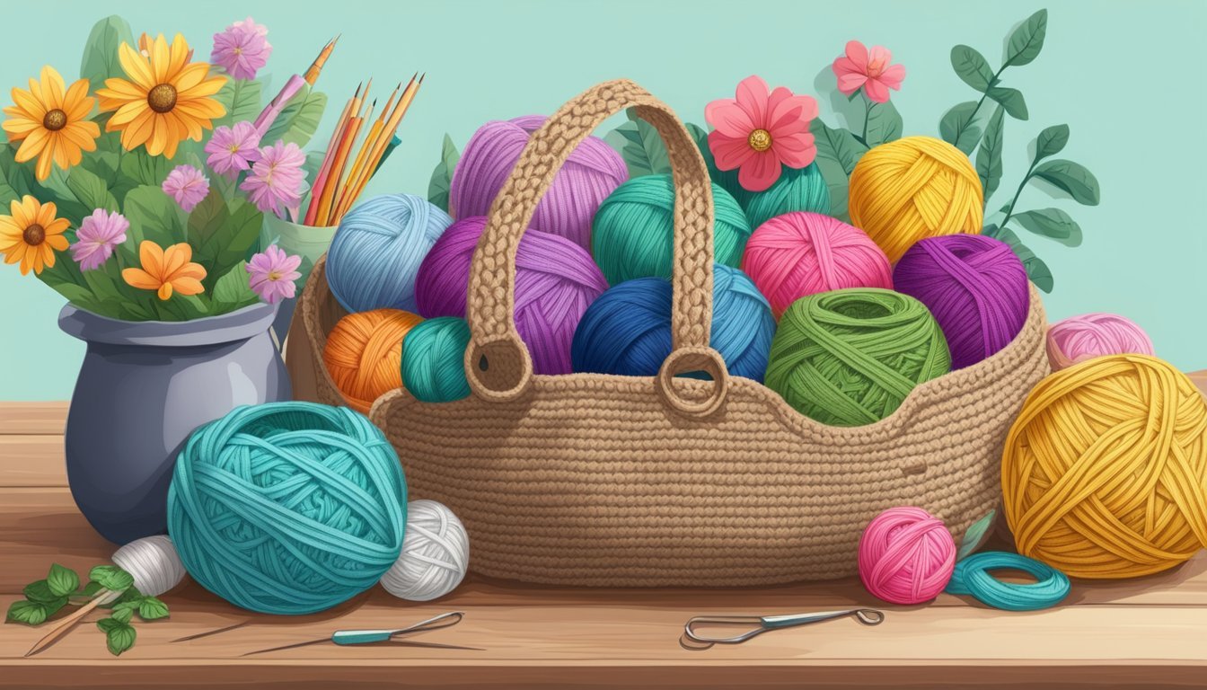A colorful market bag filled with crochet projects, yarn, and hooks on a wooden table surrounded by flowers and greenery