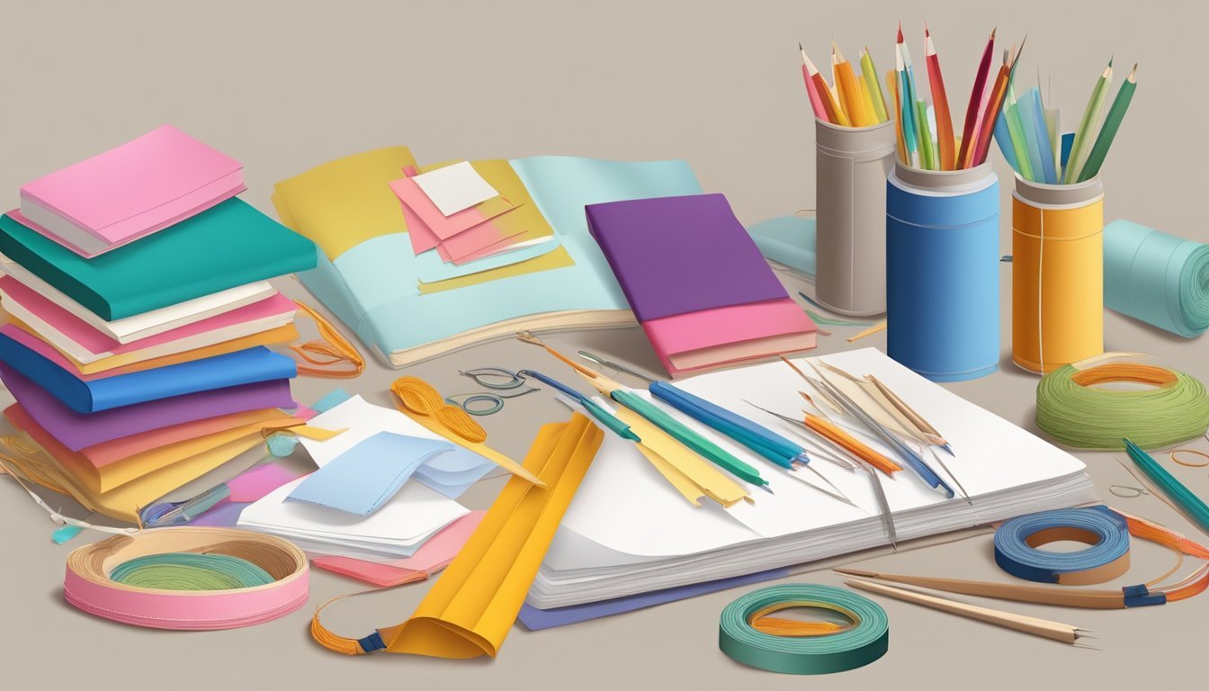 A table with colorful paper journals and fabric scraps scattered around, with needles, thread, and embroidery hoops nearby