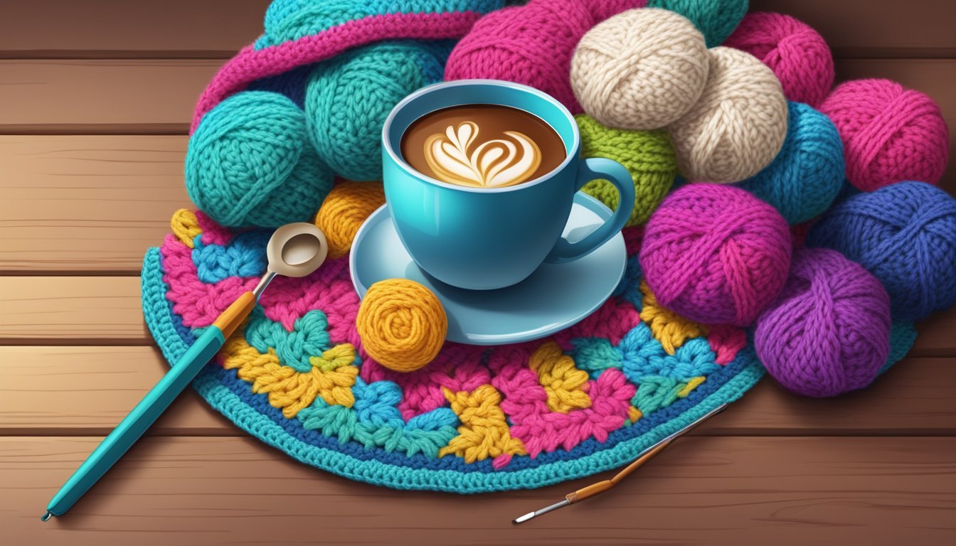 A cozy coffee cup surrounded by colorful crochet materials and a crochet hook on a wooden table