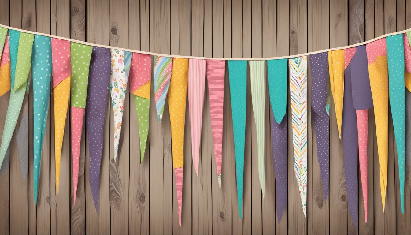 Colorful fabric and paper bunting hung across a rustic wooden backdrop, with handmade paper crafts and fabric art combined in the design