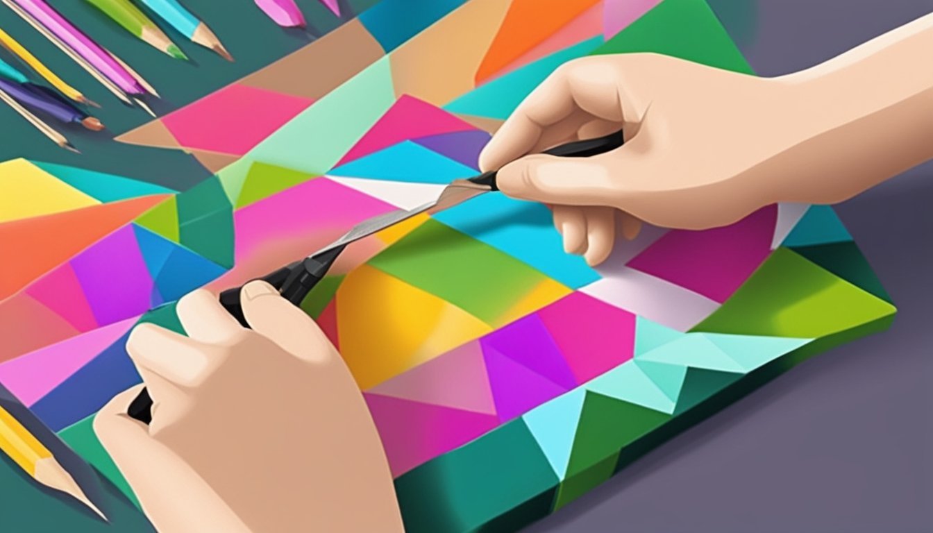 A pair of hands cutting and gluing colorful paper onto a fabric canvas, creating a mixed media artwork