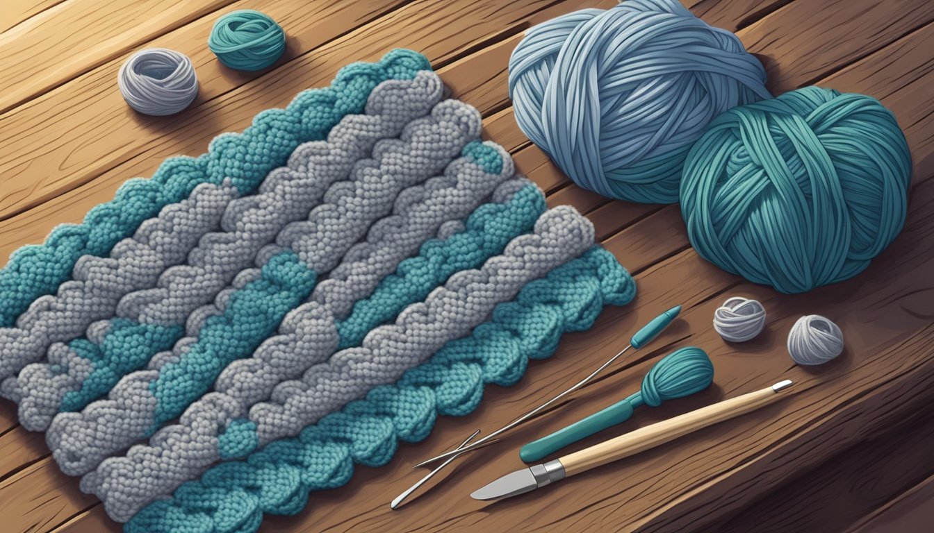 A cozy scarf in shell stitch pattern, surrounded by crochet hooks and yarn skeins on a wooden table