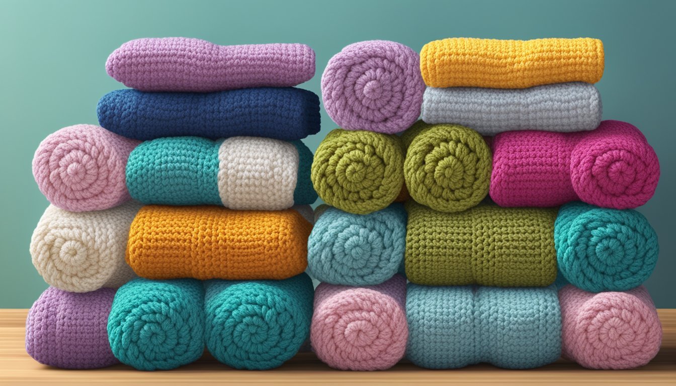A colorful array of crochet dishcloths arranged in a neat stack, with various patterns and textures on display