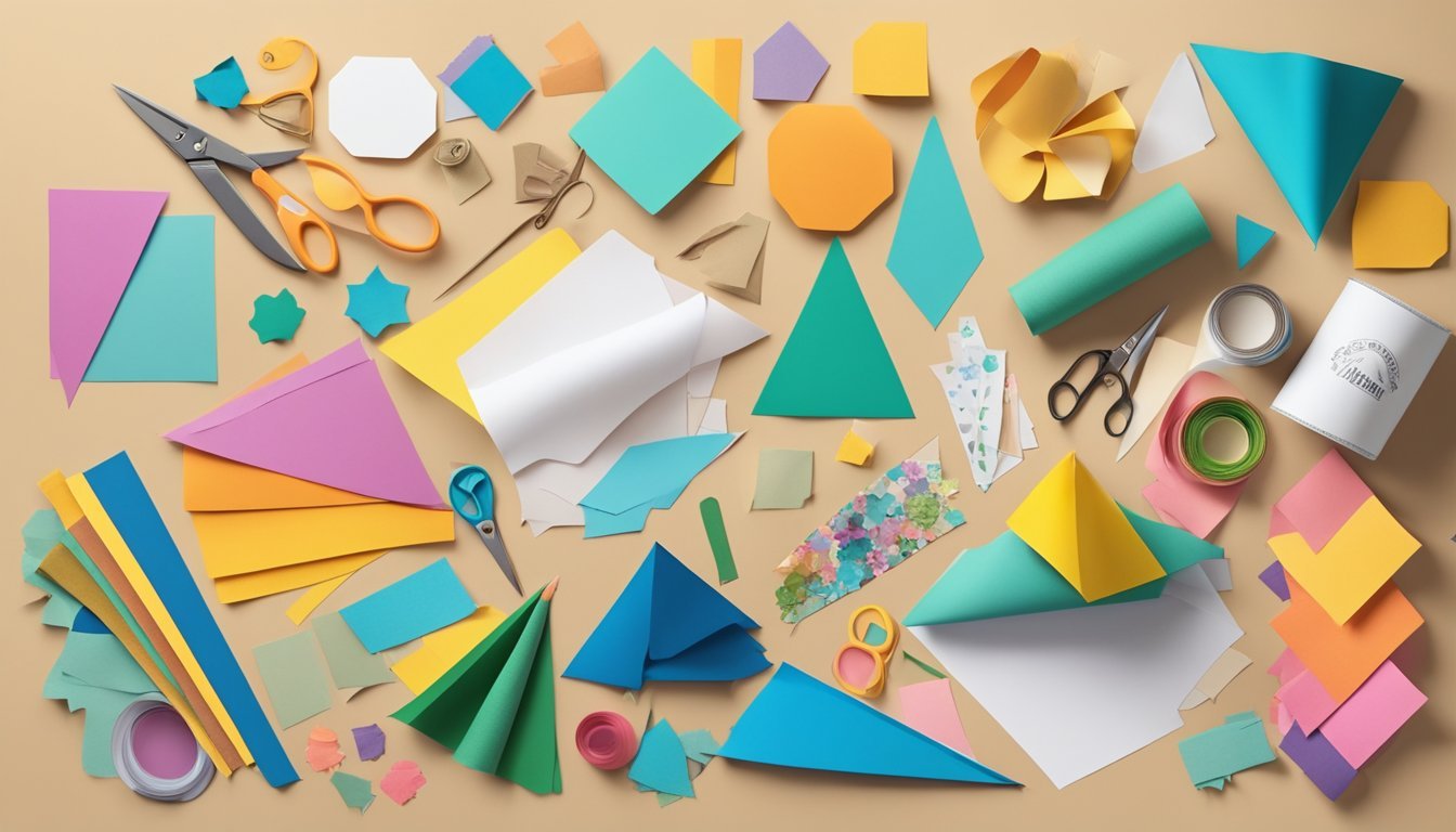 A colorful array of paper cutouts and fabric swatches arranged in a collage-like composition, with scissors, glue, and sewing supplies scattered around