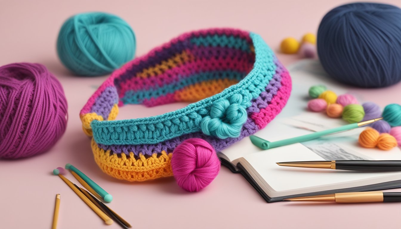 A cozy, colorful headband made of crochet yarn, surrounded by crochet hooks, yarn skeins, and a pattern book
