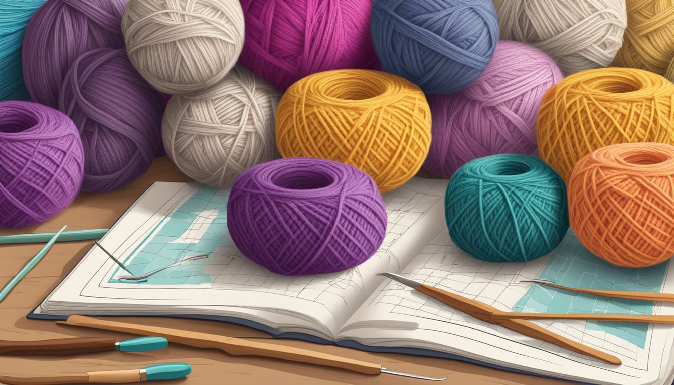 A table with various types and colors of yarn, crochet hooks, and a pattern book open to "10 Easy Crochet Projects for Beginners."