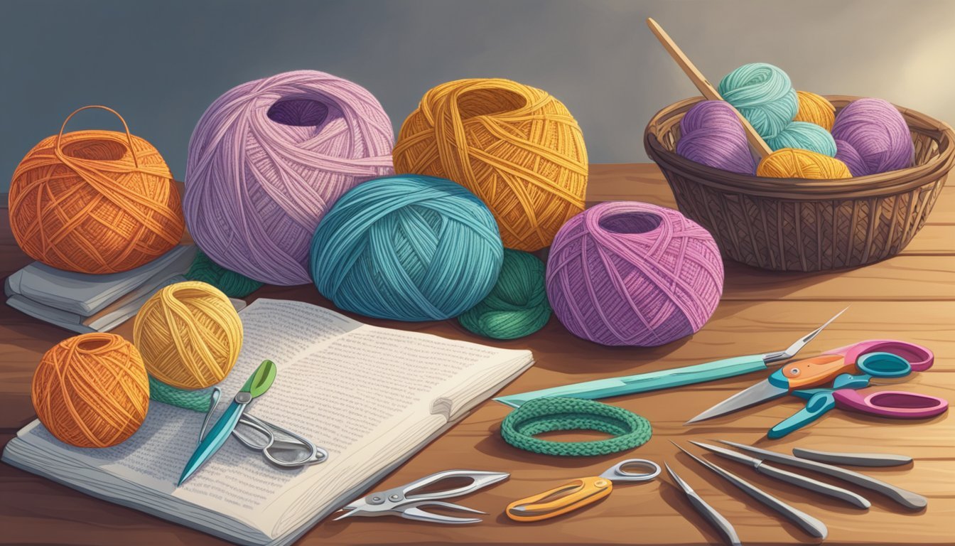 A table with yarn, crochet hooks, scissors, and a pattern book.</p><p>A basket of completed crochet projects sits nearby