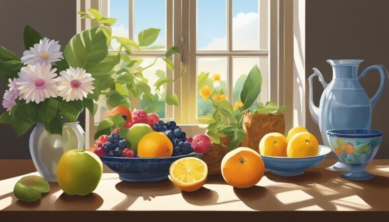 Still life with fruit, flowers, and a window with sunlight