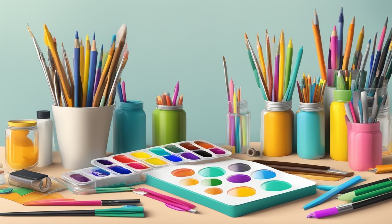 A table with various craft kits spread out, surrounded by colorful markers, paintbrushes, and other art supplies. A pair of scissors and glue sit nearby