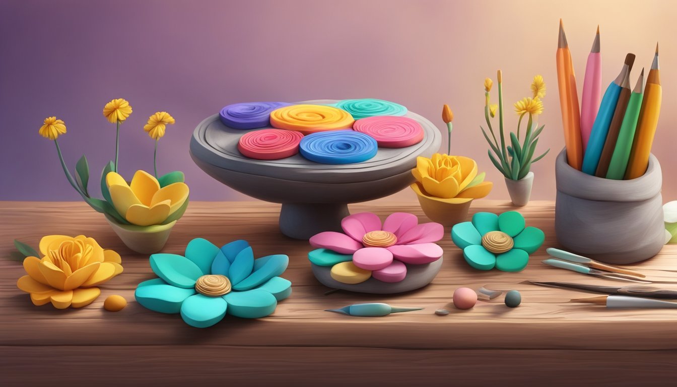 A table with various colors of polymer clay, sculpting tools, and a finished sculpture of a flower on a wooden base