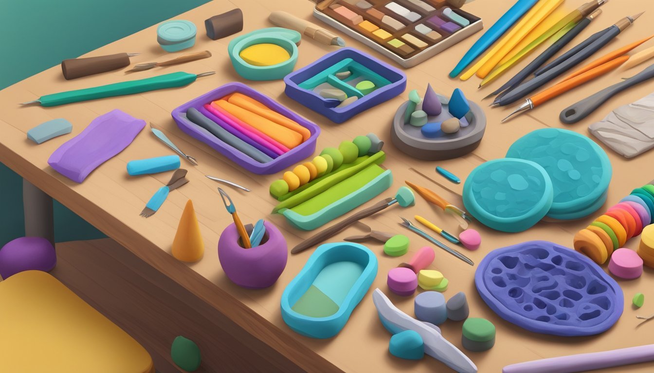 A table with various colors of polymer clay, sculpting tools, and a finished sculpture as inspiration
