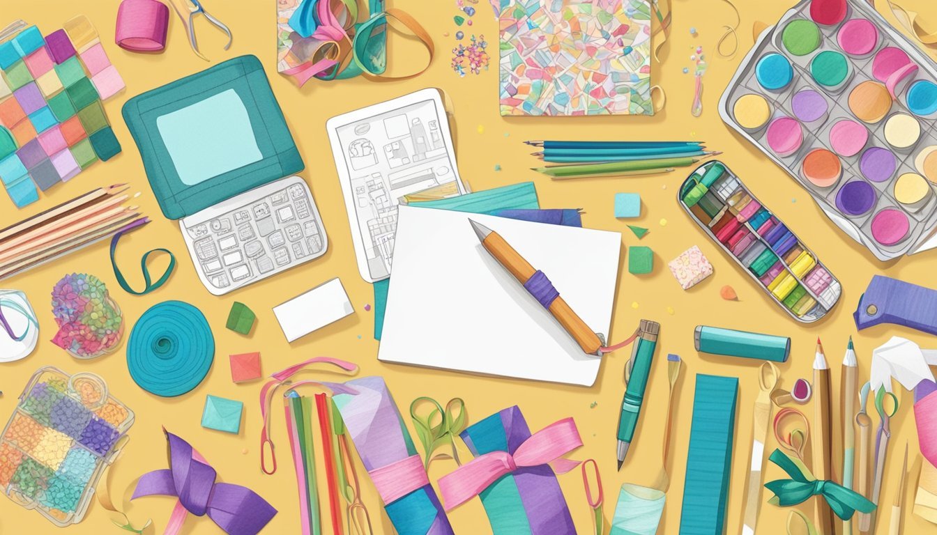 A table scattered with craft supplies and a store-bought craft kit, with colorful ribbons, stickers, and markers ready to be added to the gift tags