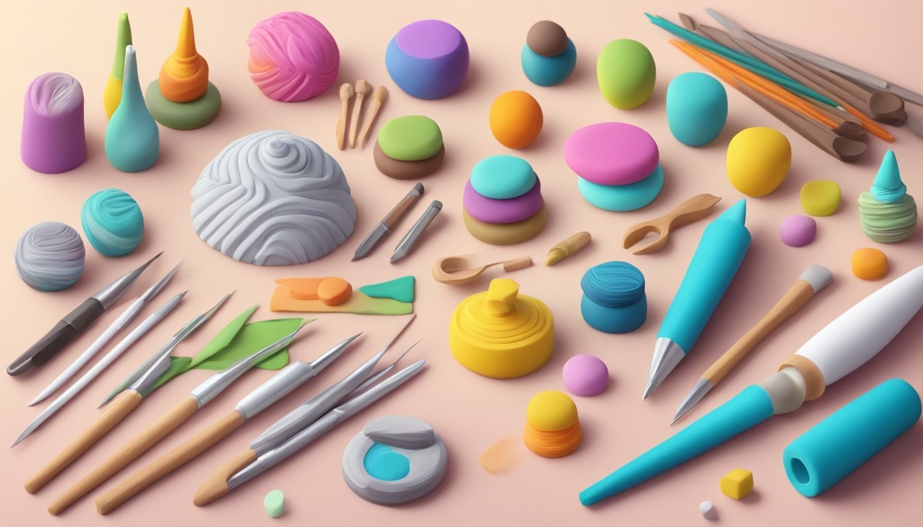 A table with various colors of polymer clay, sculpting tools, and finished sculptures for inspiration